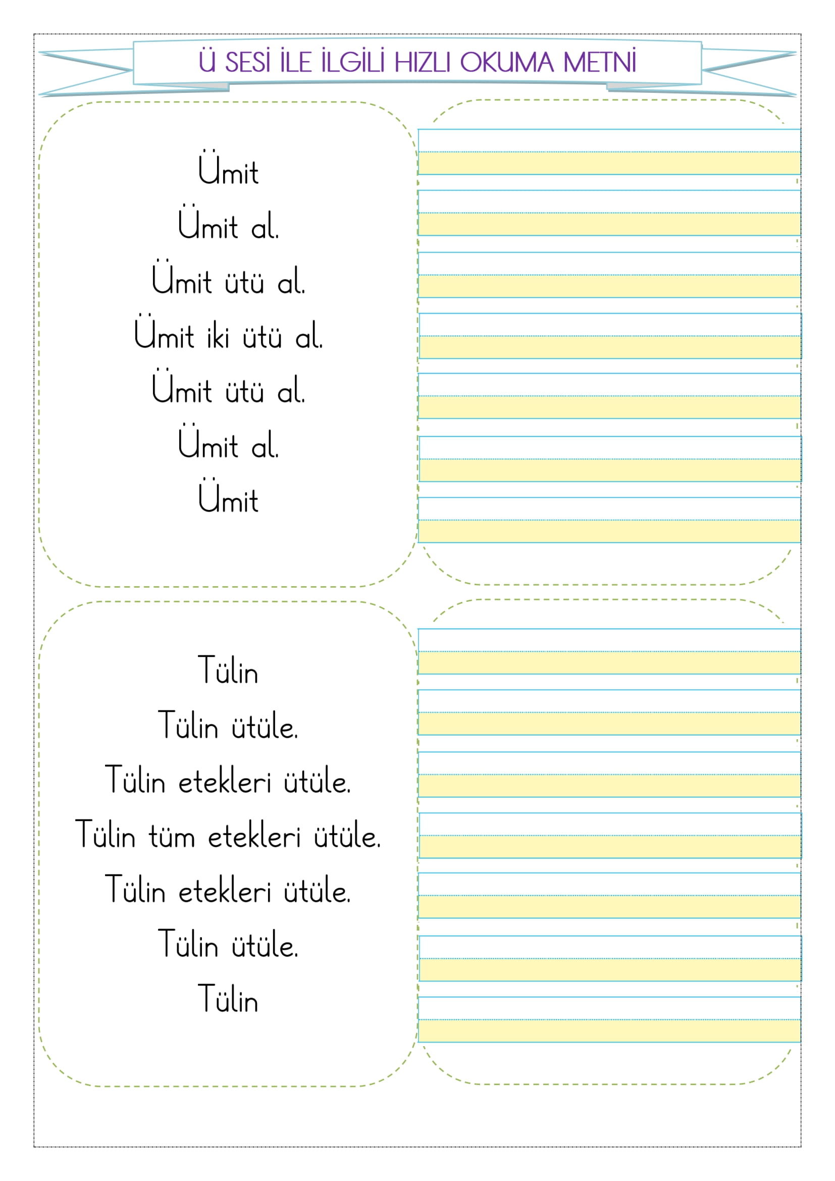 1. Sınıf İlk Okuma Yazma Ü Sesi Hızlı Okuma Metni