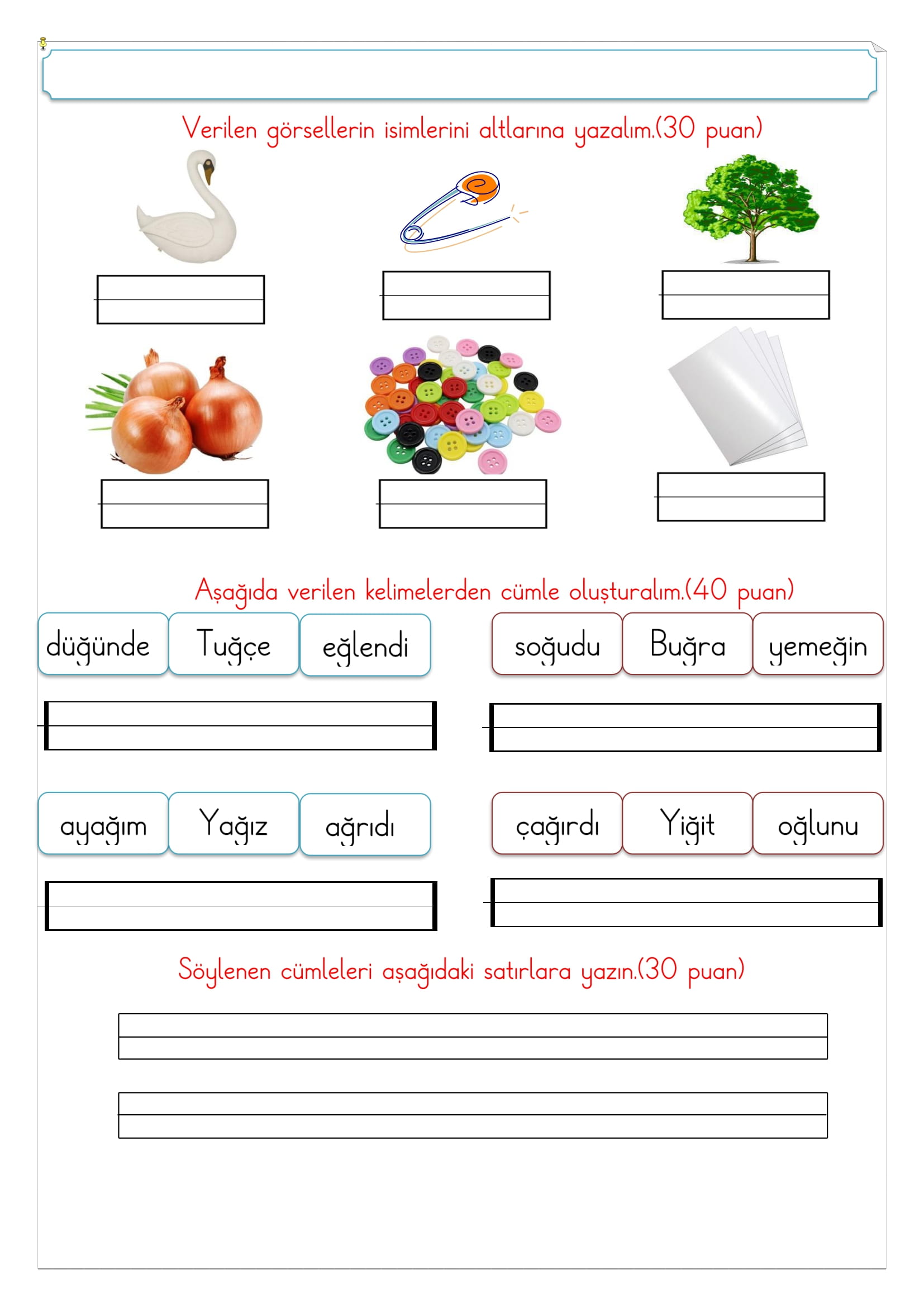 1. Sınıf İlk Okuma Yazma Ğ-ğ Sesi Değerlendirme Çalışması 1