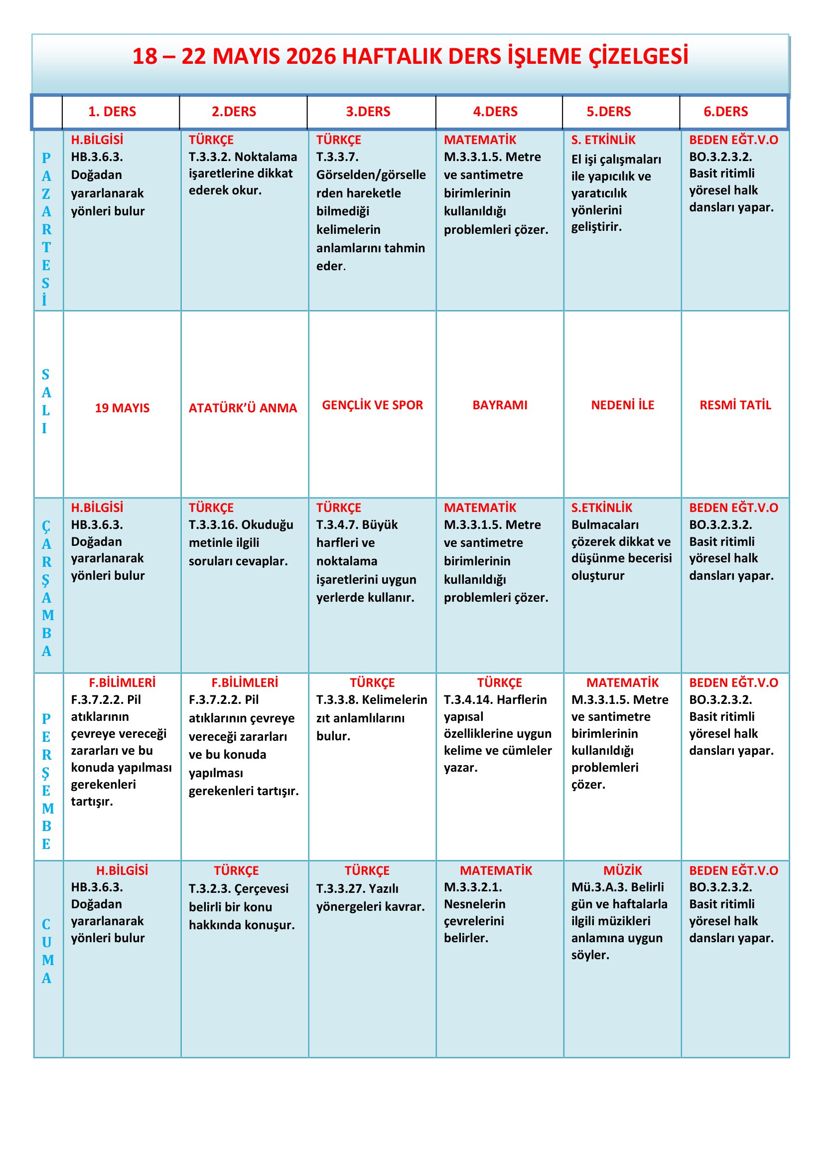 3. Sınıf 18 - 22 Mayıs 2026 Haftalık Ders İşleme Çizelgesi.doc