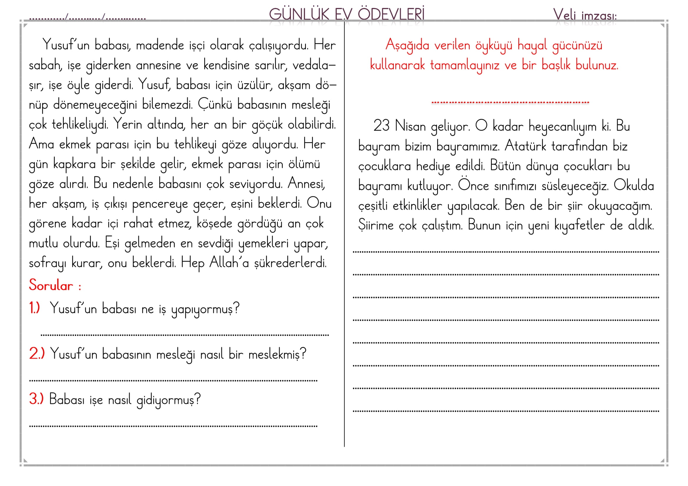 1. Sınıf 18 Mart 2025 Günlük Ev Ödevi