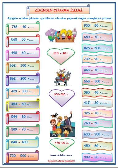 4. Sınıf Matematik Zihinden Çıkarma İşlemi