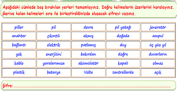 4. Sınıf Fen Bilimleri Basit Elektrik Devre Elemanları-Boşluk Doldurma Etkinliği