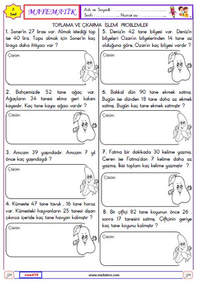 2. Sınıf Matematik Toplama ve Çıkarma İşlemi Problemler Etkinliği 2
