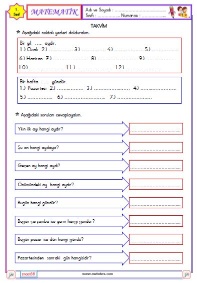 1. Sınıf Matematik Takvim Etkinliği 2
