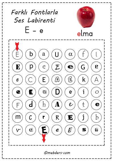 Farklı fontlarla ses labirenti - e sesi