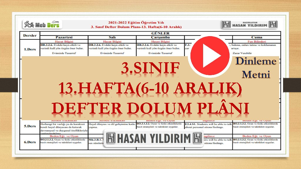 3. Sınıf 13.Hafta(6-10 Aralık) Defter Dolum Planı
