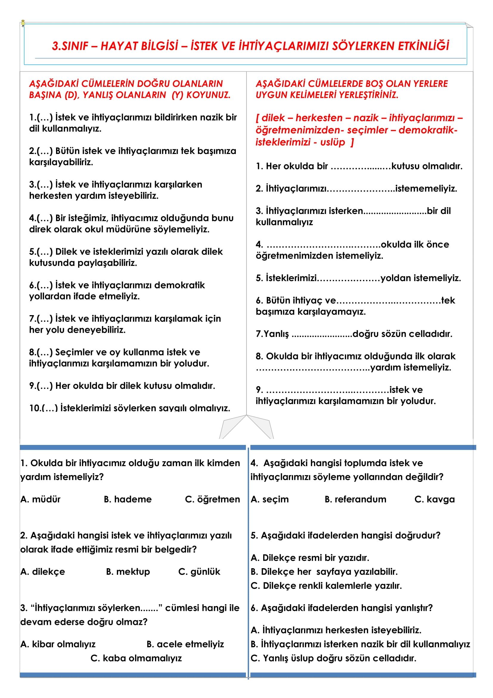3. Sınıf - Hayat Bilgisi İstek ve İhtiyaçlarımızı Söylerken Etkinliği
