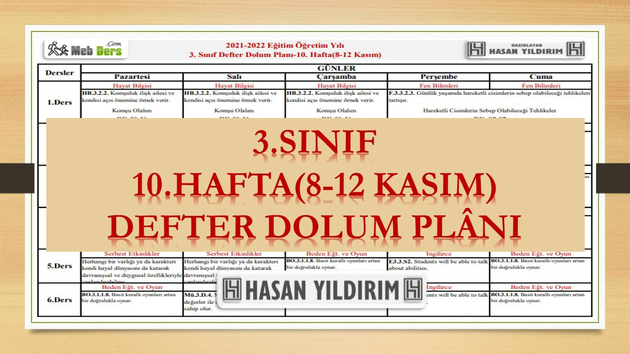 3. Sınıf 10.Hafta(8-12 Kasım) Defter Dolum Planı
