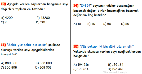 4. Sınıf Matematik Doğal Sayılar Yaprak Test-1