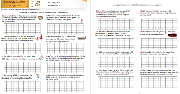 4. Sınıf Matematik Uzunluk Ölçüleri ile İlgili Problemler 3