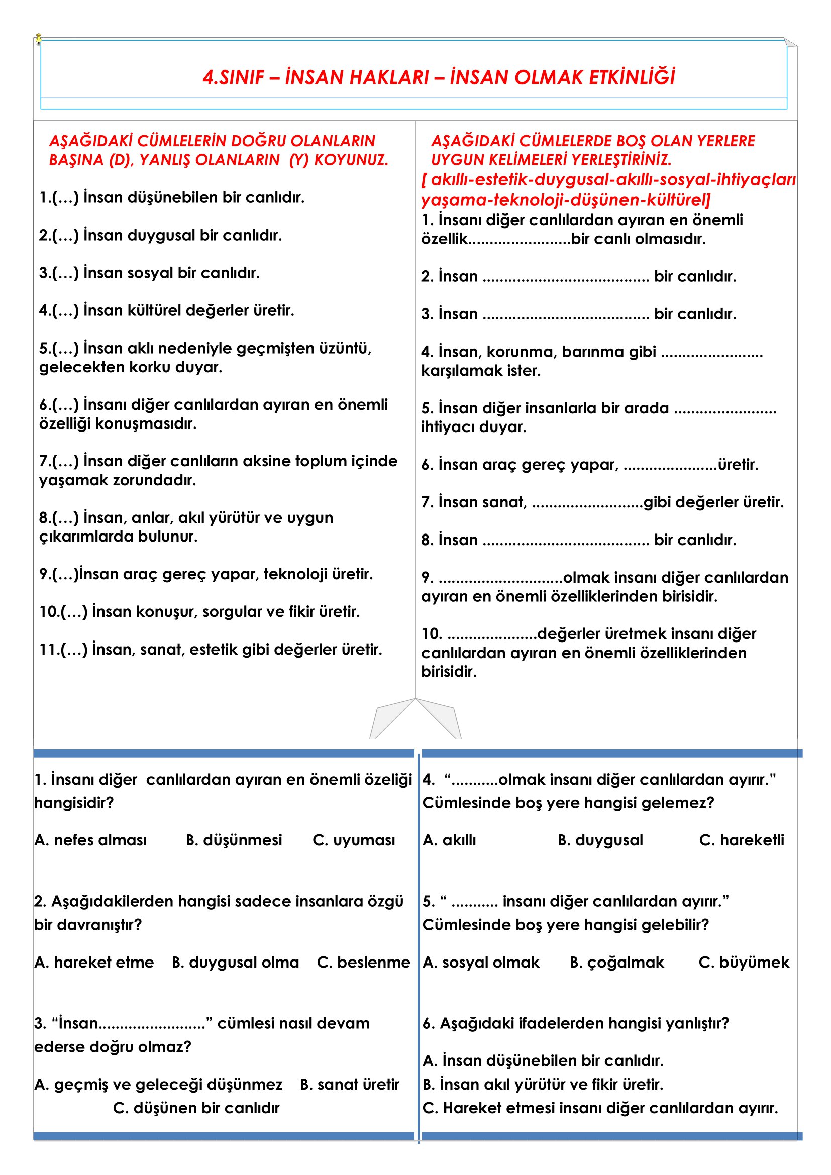 4. Sınıf - İnsan Hakları İnsan Olmak Etkinliği