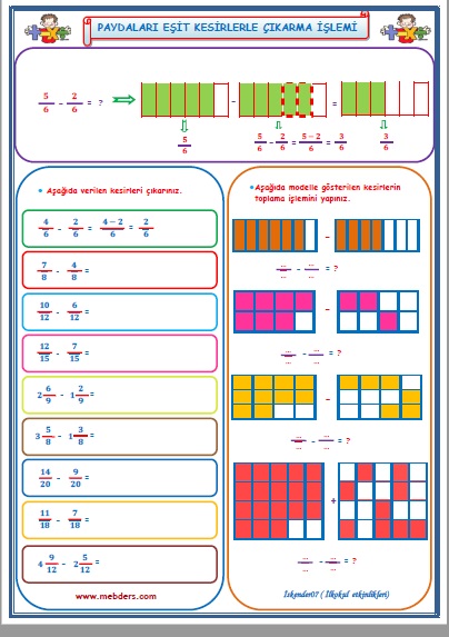 4. Sınıf Matematik Paydaları Eşit Kesirlerle Çıkarma İşlemi
