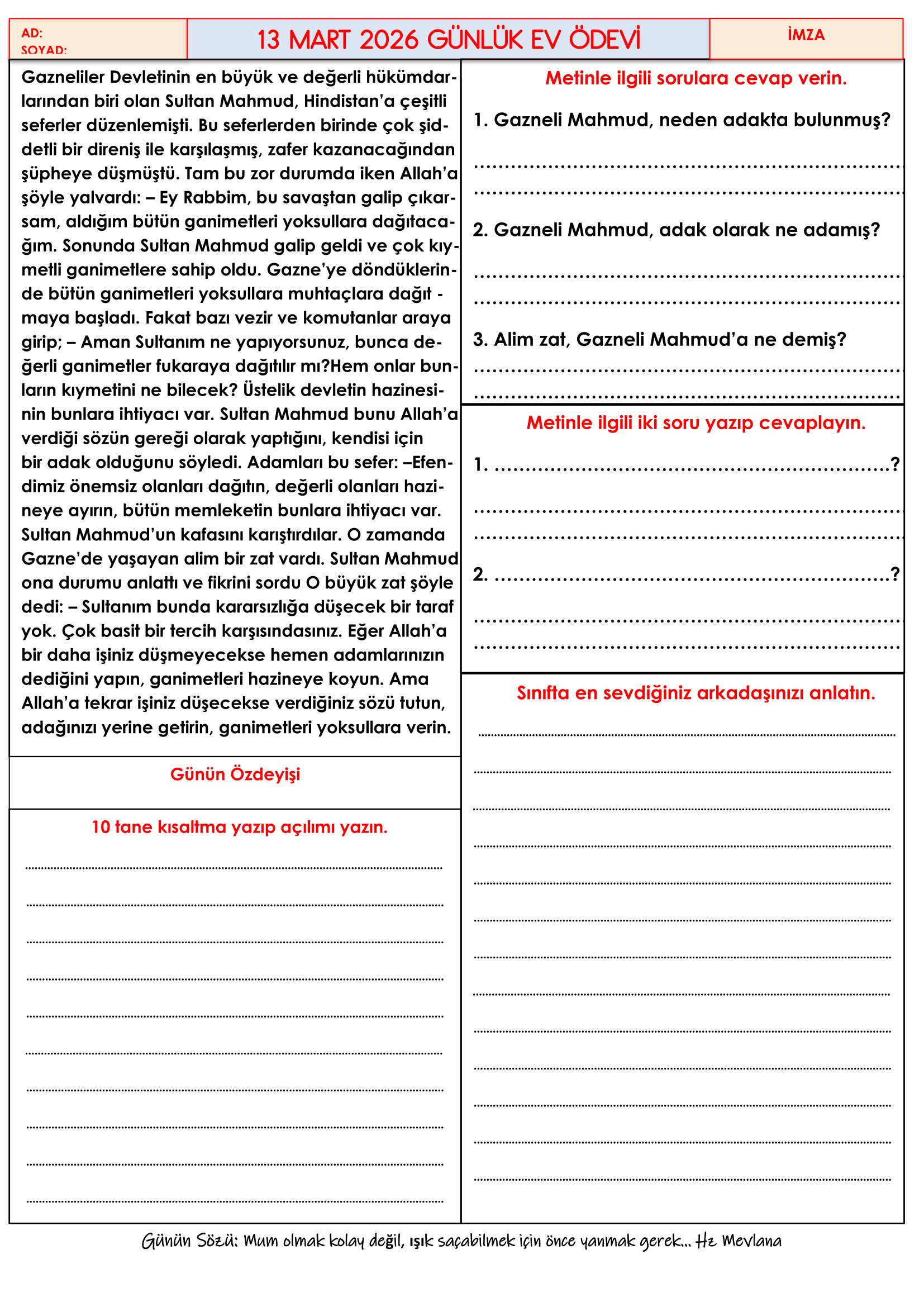 4. Sınıf - 13 Mart 2026 Günlük Ev Ödevleri