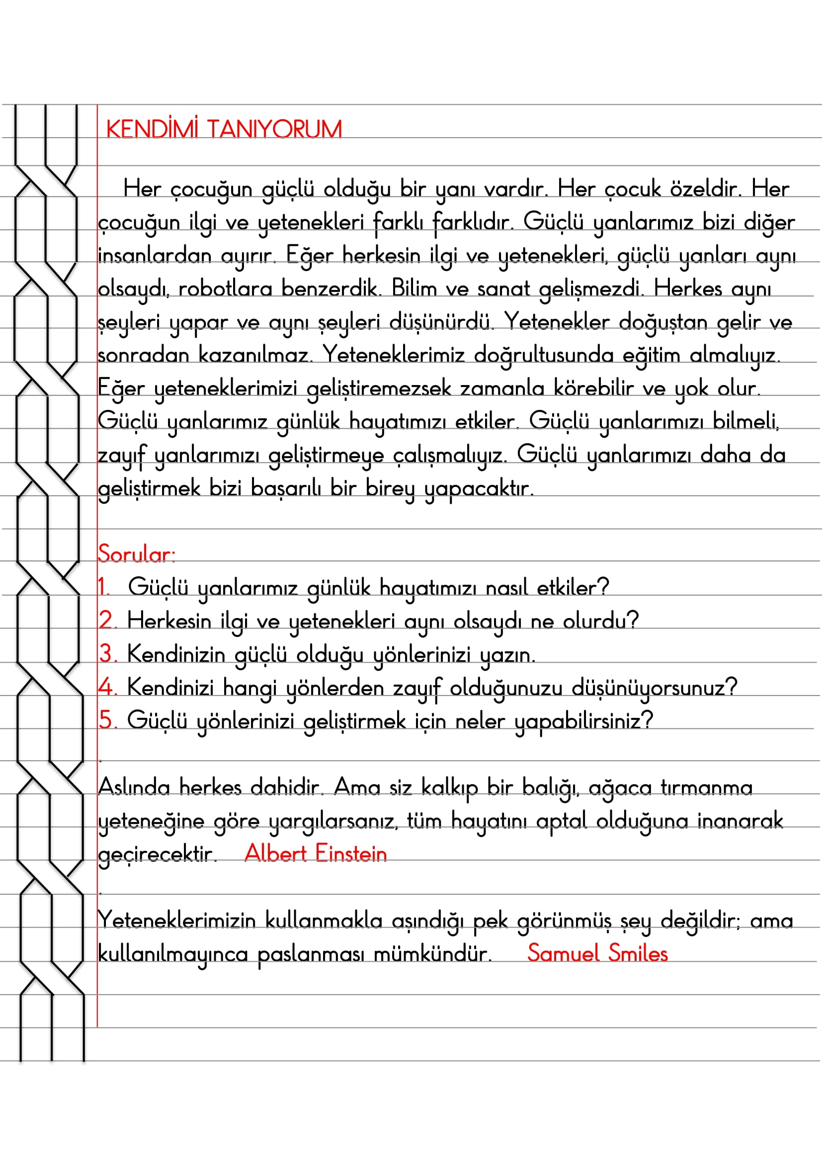 3. Sınıf Hayat Bilgisi Kendimi Tanıyorum Defter Özeti