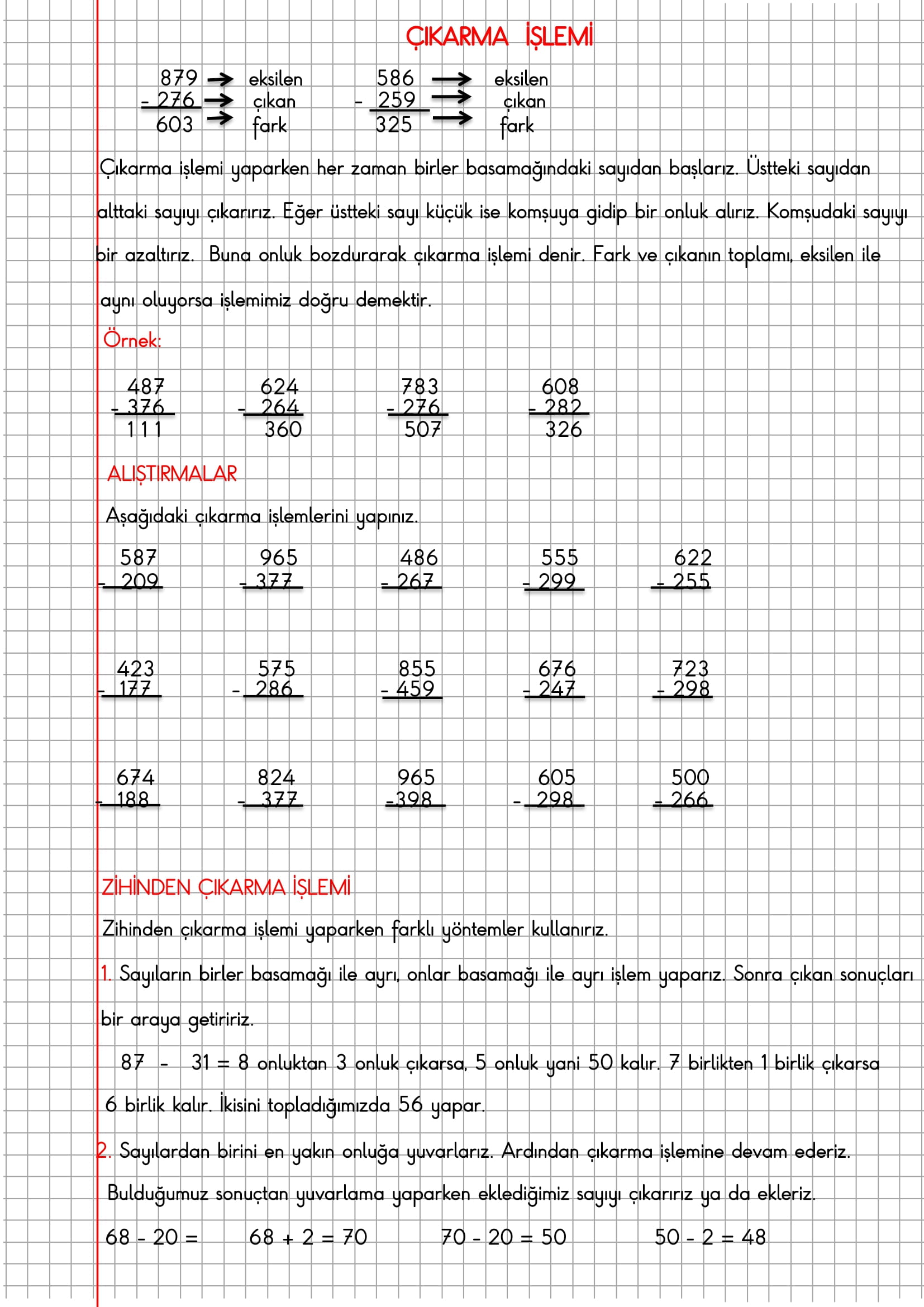 3. Sınıf Matematik Kareli Defterde Çıkarma İşlemi Konu Anlatımı