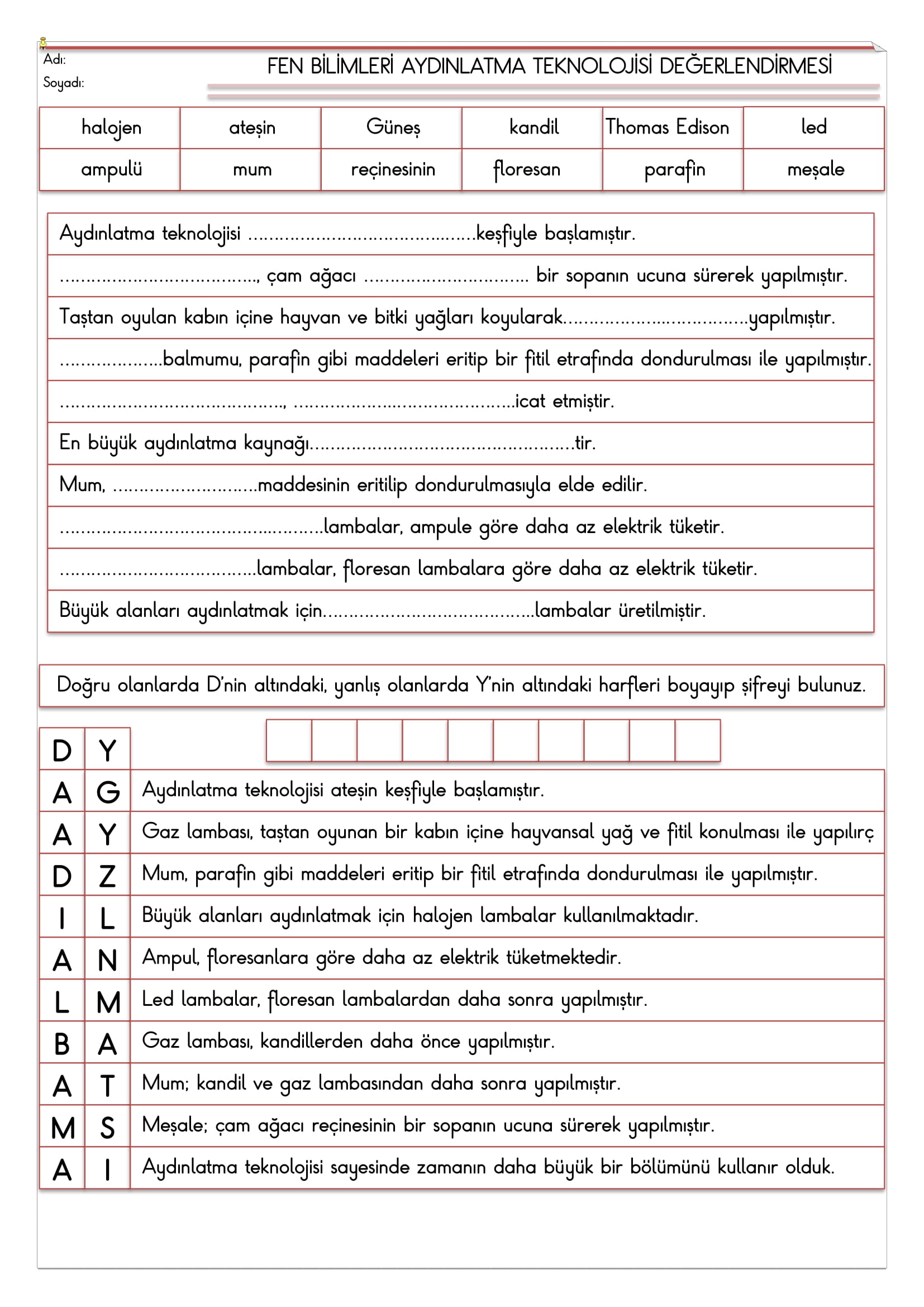 4. Sınıf Fen Bilimleri Geçmişten Günümüze Aydınlatma Teknolojisi Değerlendirmesi