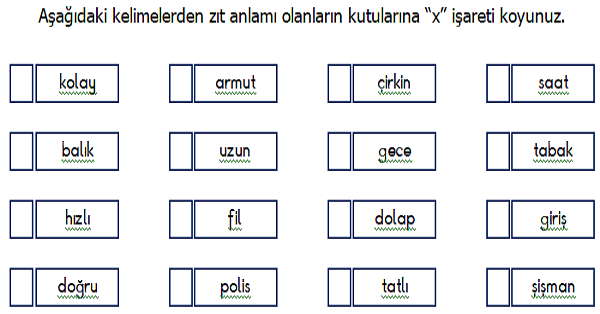 1. Sınıf Türkçe Zıt (Karşıt) Anlamlı Kelimeler Etkinliği 5