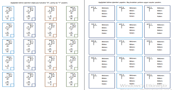 3. Sınıf Matematik Doğal Sayılarla Bölme İşlemi Etkinliği 7