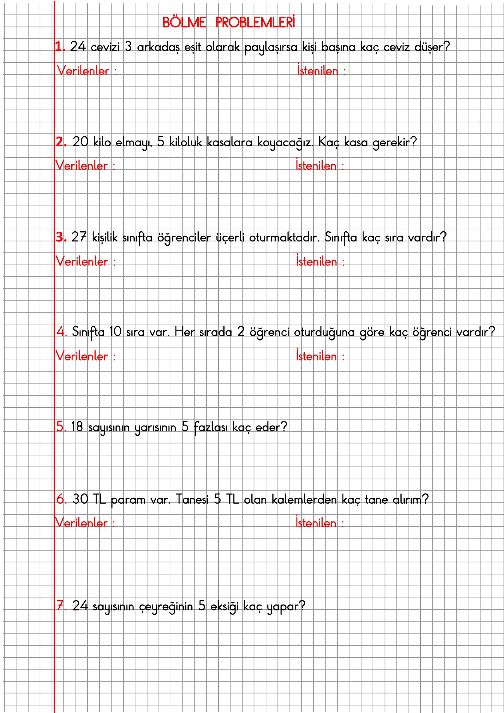 2. Sınıf Matematik Kareli Defterde Bölme Problemleri
