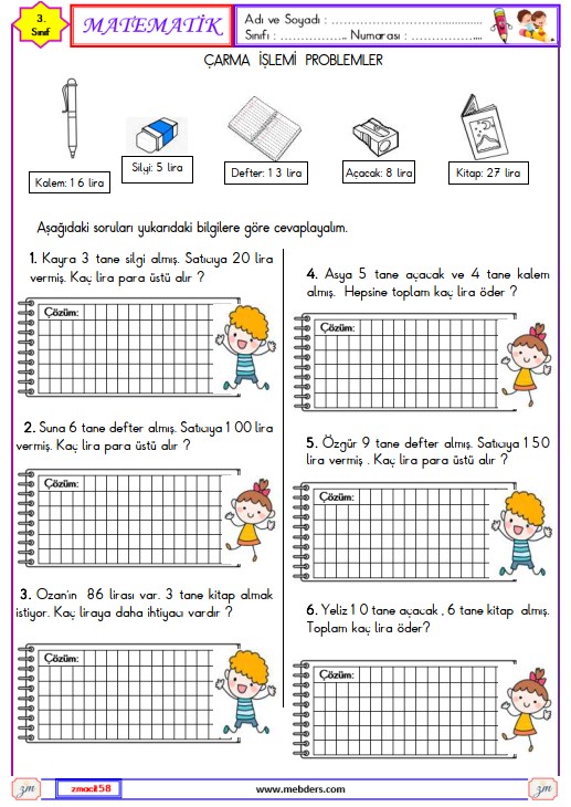 3. Sınıf Matematik Çarpma İşlemi Problemleri Etkinliği 3