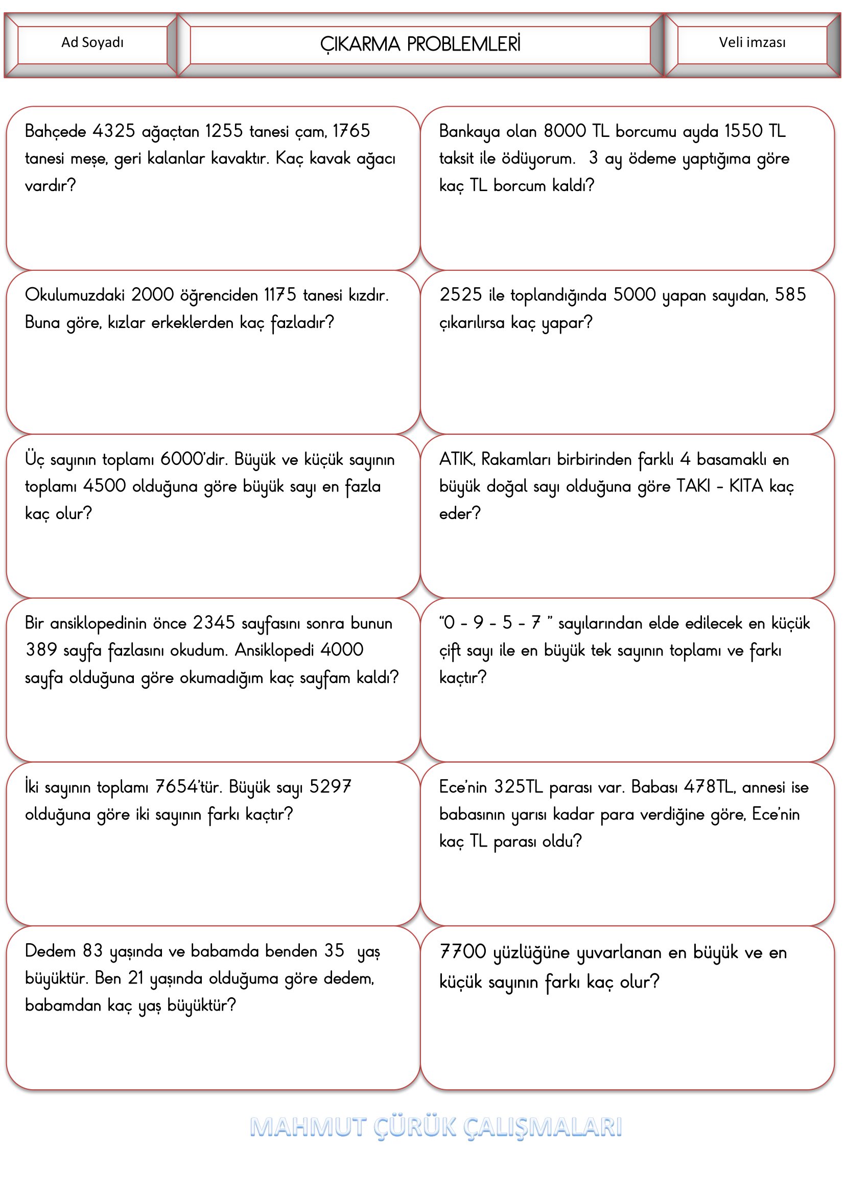 4. Sınıf - Matematik Çıkarma Problemleri-1
