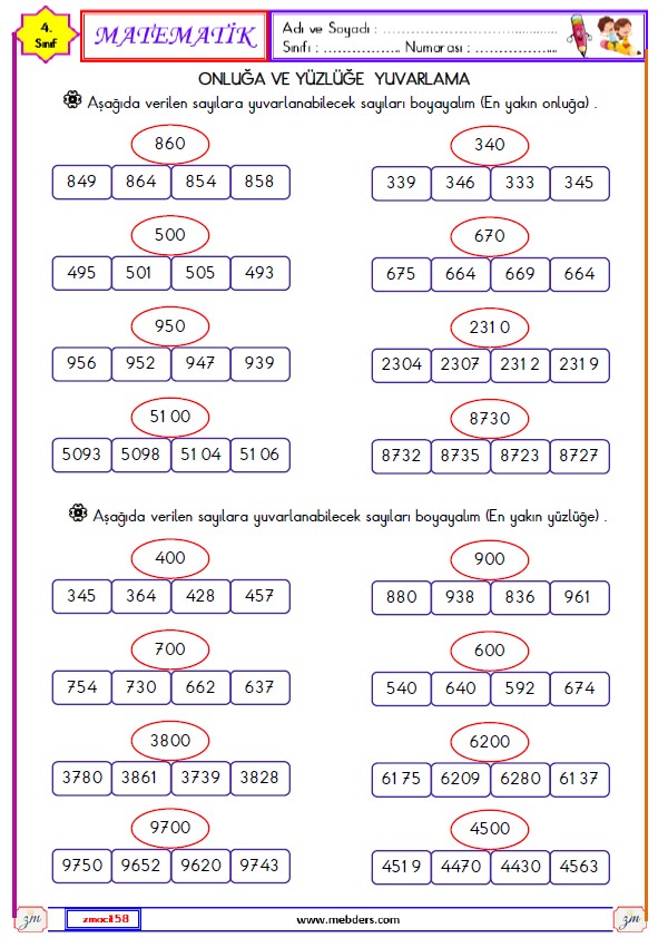 4. Sınıf Matematik Onluğa ve Yüzlüğe Yuvarlama Etkinliği