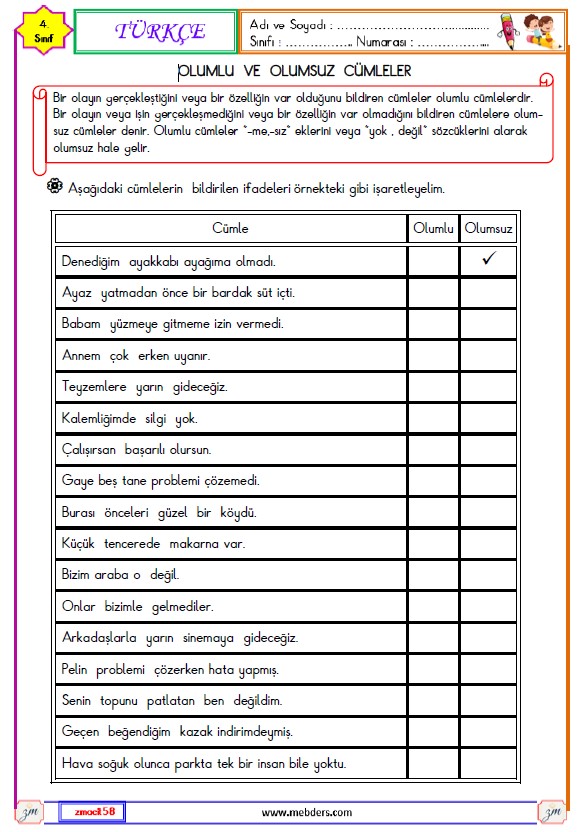 4. Sınıf Türkçe Olumlu ve Olumsuz Cümle Etkinliği 1