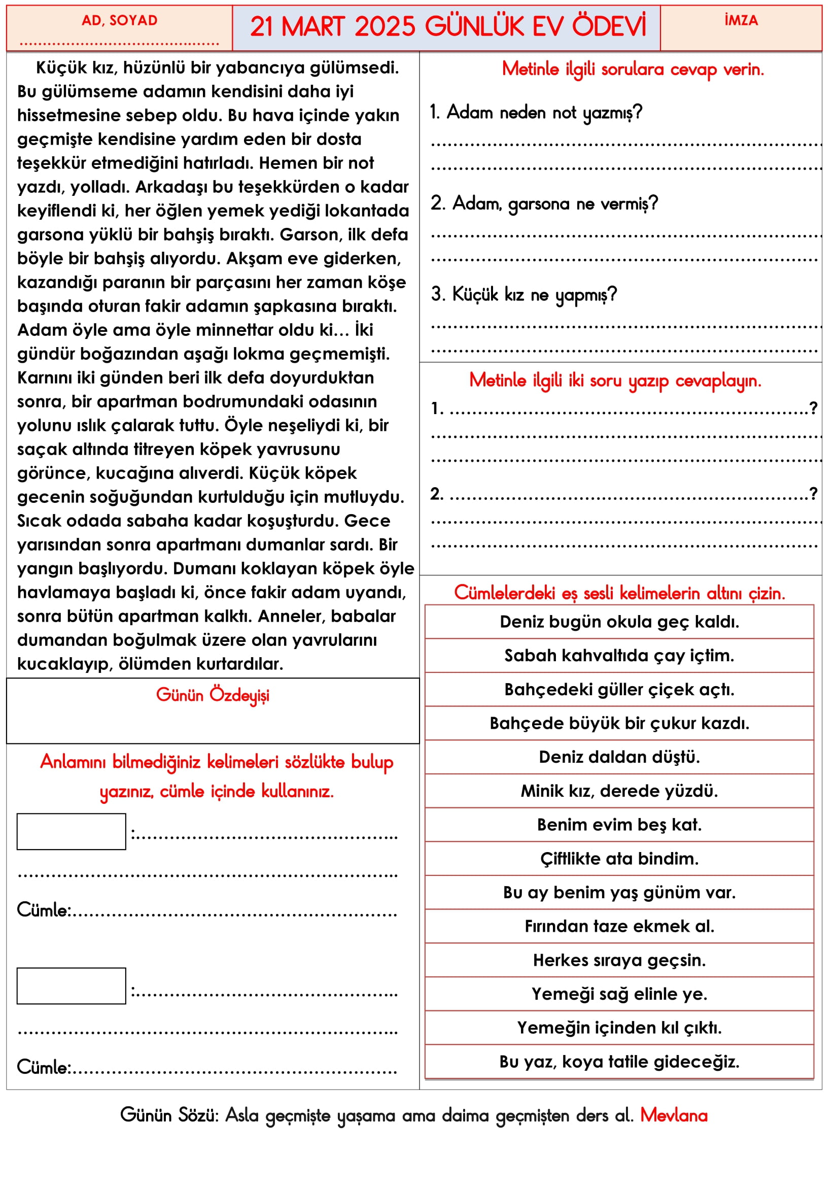 3. Sınıf 21 Mart 2025 Günlük Ev Ödevi