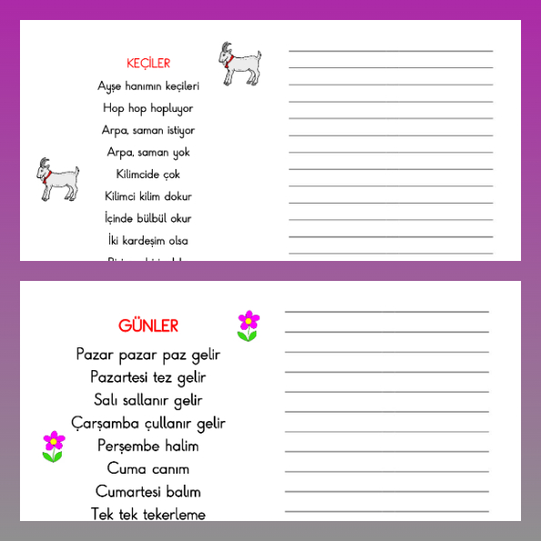 1. Sınıf Türkçe - Güzel Yazı Etkinliği -1 (2 Sayfa Tekerleme)