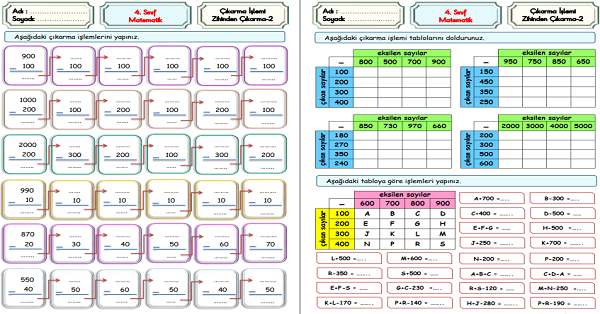 4. Sınıf Matematik Zihinden Çıkarma İşlemi 2