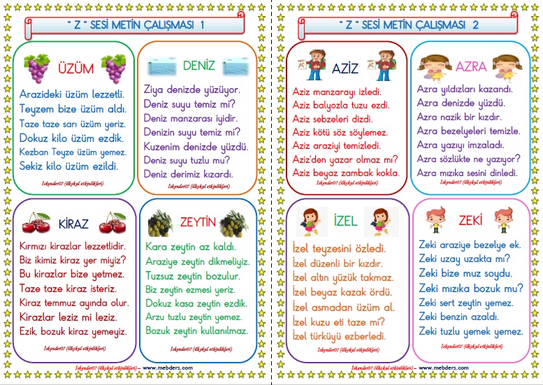 1. Sınıf Z-z Sesi Metin Çalışması (2 Sayfa - 8 Farklı Metin)