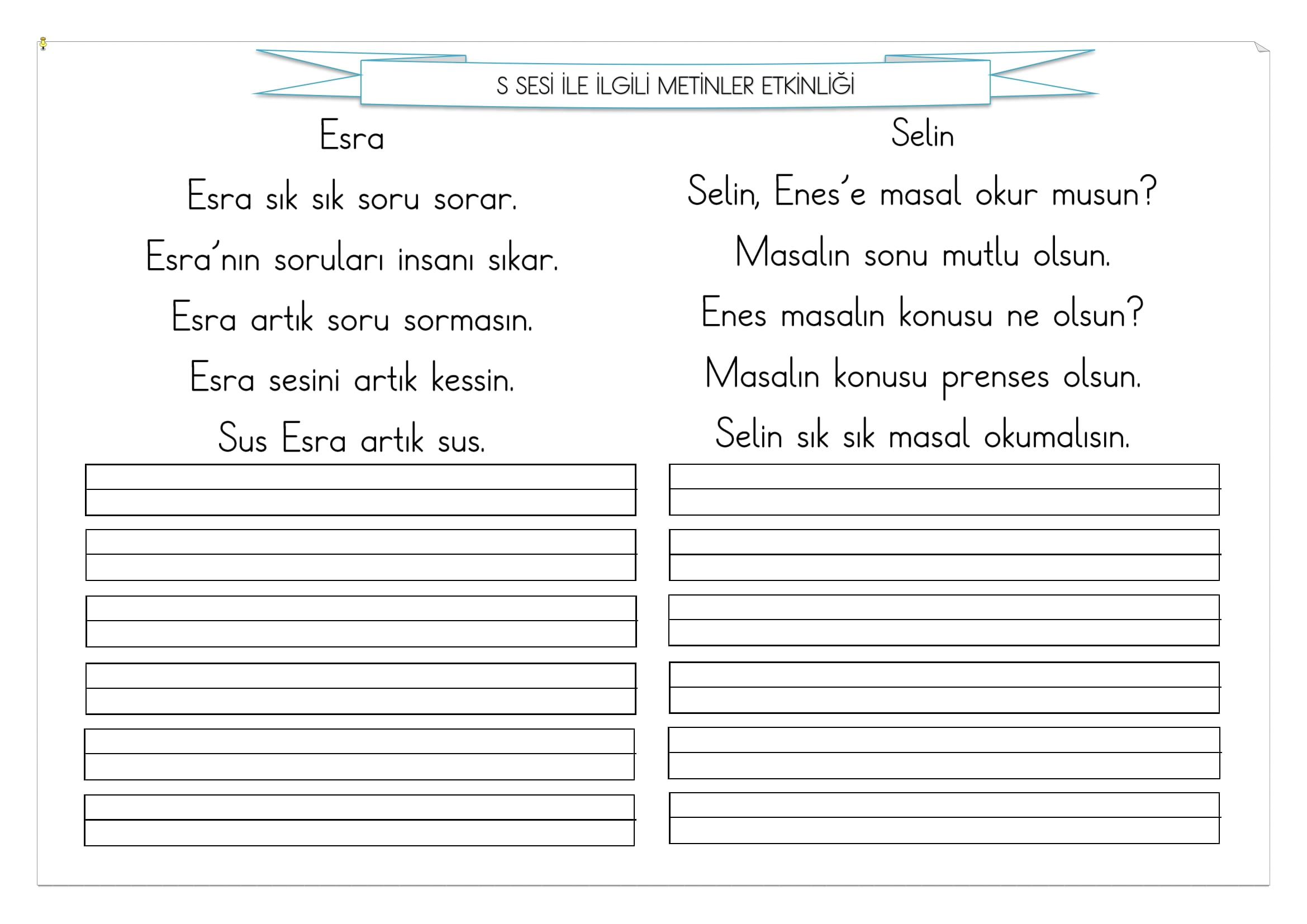 1. Sınıf İlk Okuma Yazma S Sesi Metinler Etkinliği
