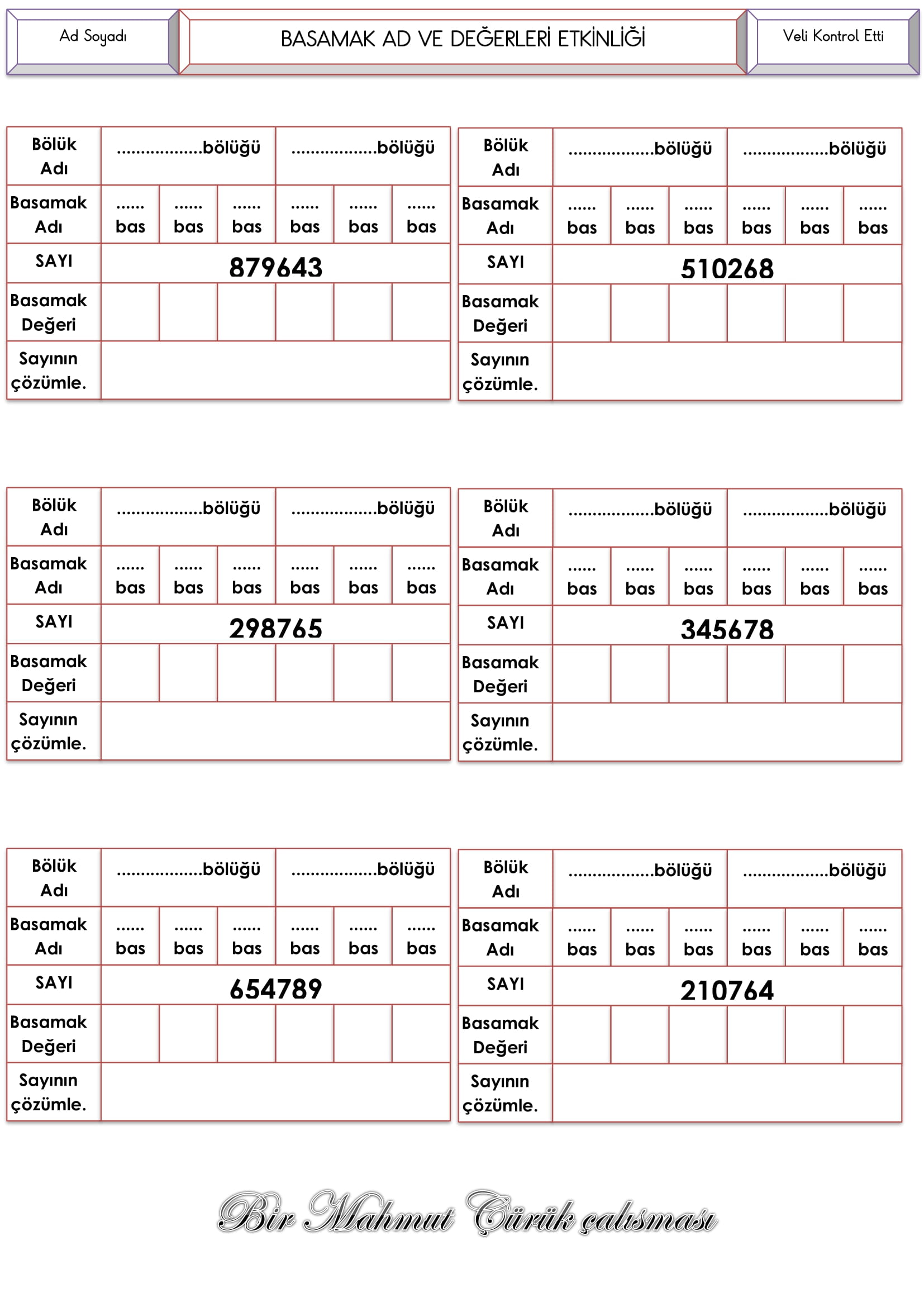 4. Sınıf Matematik 4.5.6. Basamaklı Sayıların Basamak Ad ve Değerleri Etkinliği