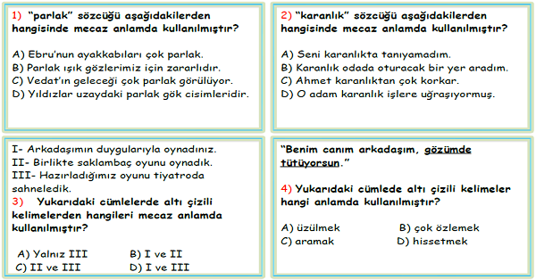 4. Sınıf Türkçe Gerçek-Mecaz-Terim Anlamlı Kelimeler-Test-1