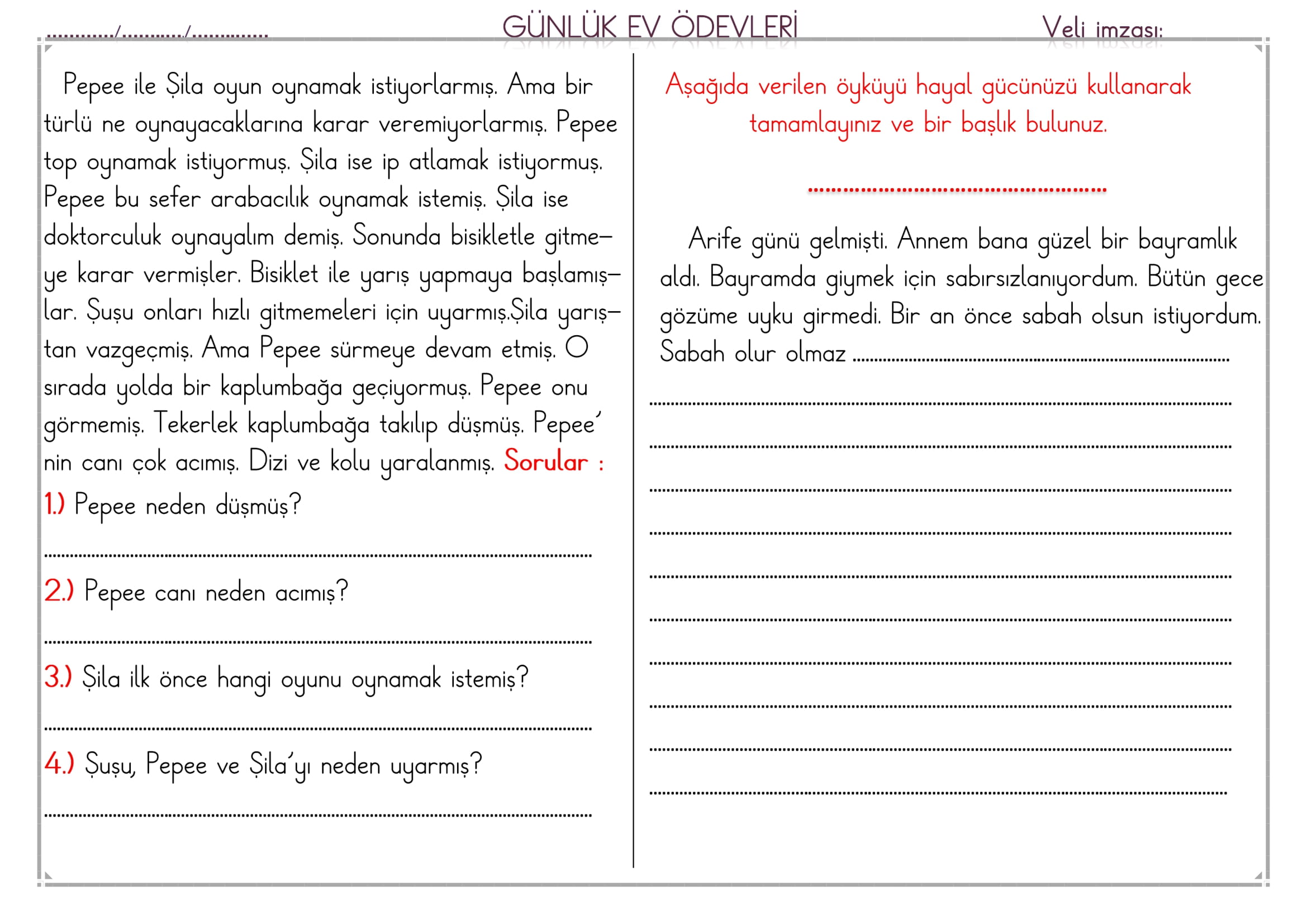 1. Sınıf 25 Nisan 2025 Günlük Ev Ödevi