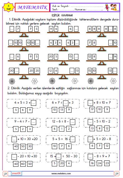 2. Sınıf Matematik Eşitlik Kavramı Etkinliği 2