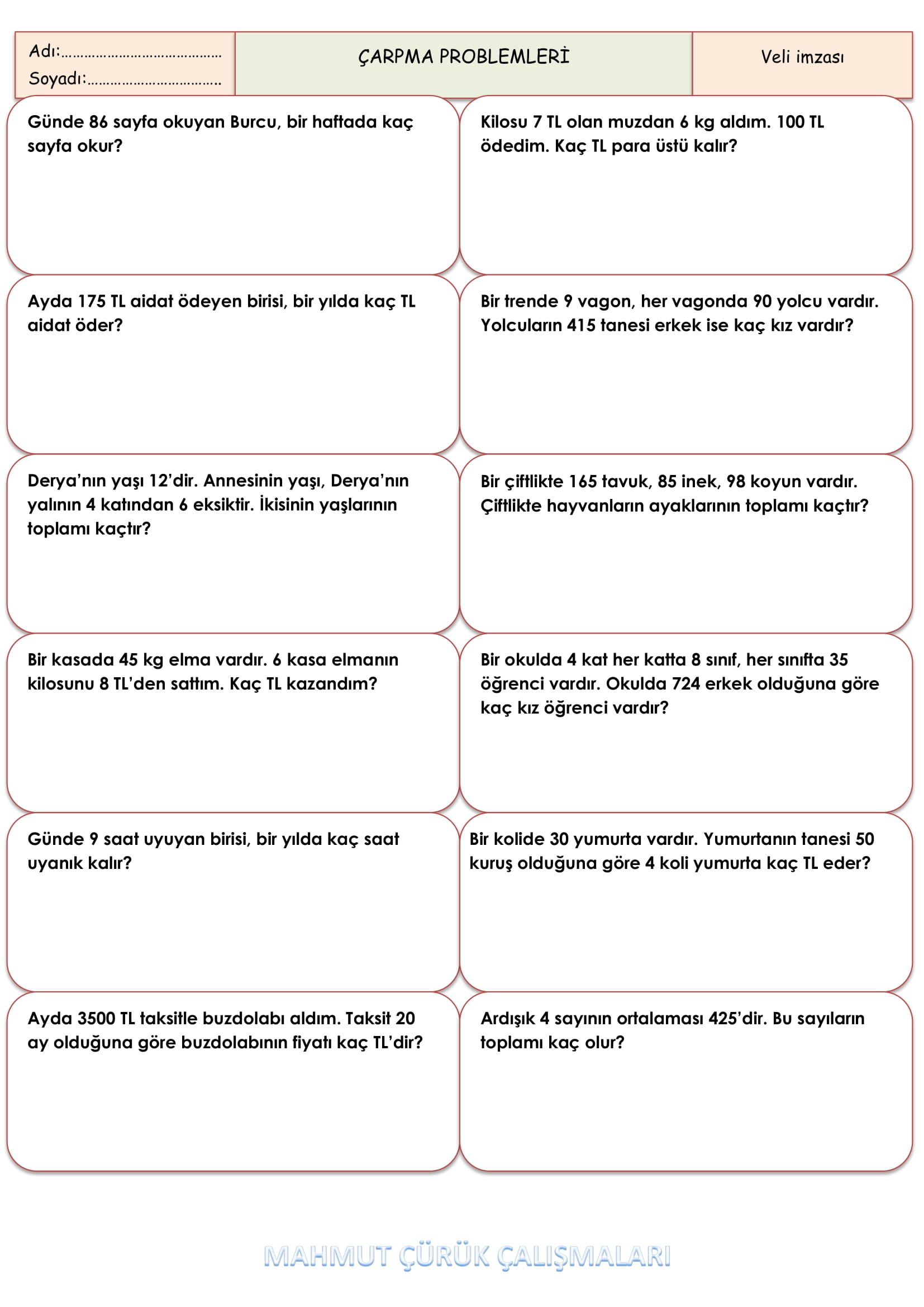 4. Sınıf Matematik Çarpma Problemleri -1