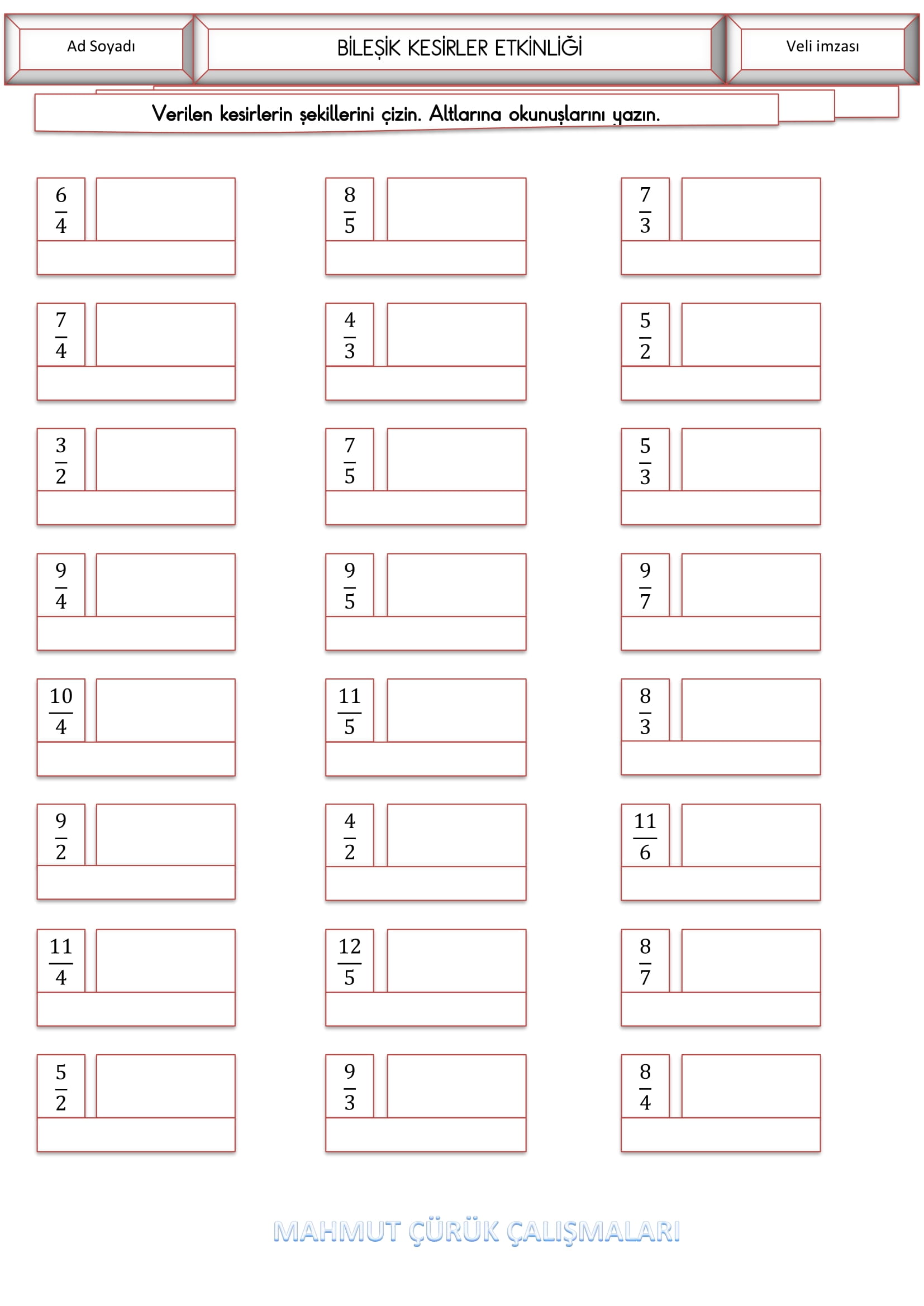 4. Sınıf - Matematik Bileşik Kesirler Etkinliği