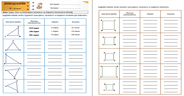 4. Sınıf Matematik Üçgen, Kare ve Dikdörtgenin Kenarlarını ve Köşelerini İsimlendirme Etkinliği 3
