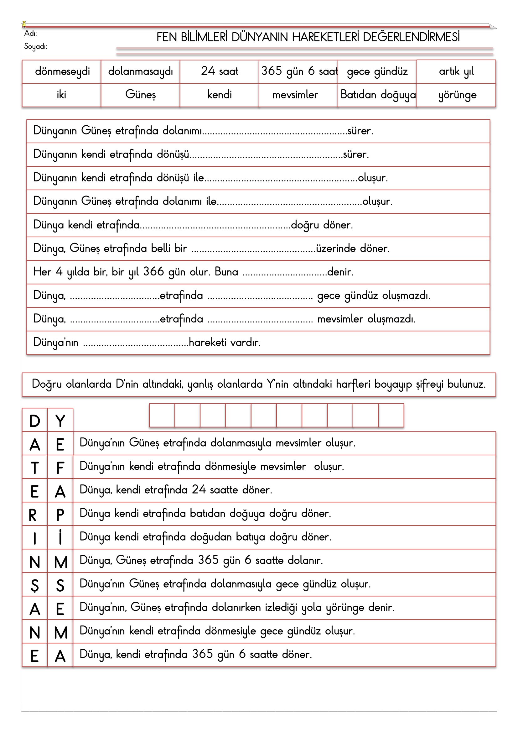 4. Sınıf - Fen Bilimleri Dünyanın Hareketleri Değerlendirmesi