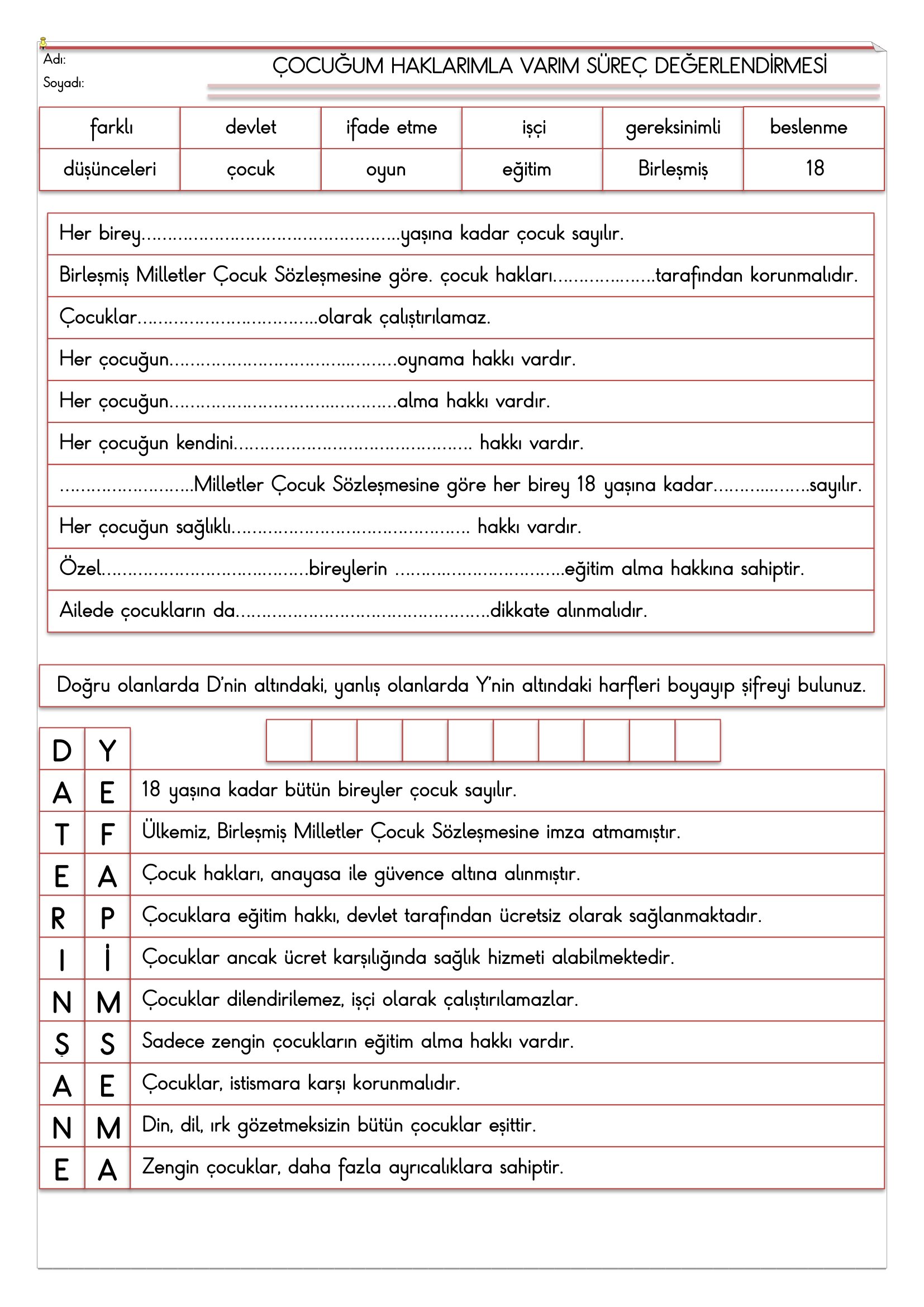 3.Sınıf - Hayat Bilgisi Çocuğum Haklarımla Varım Süreç Değerlendirme