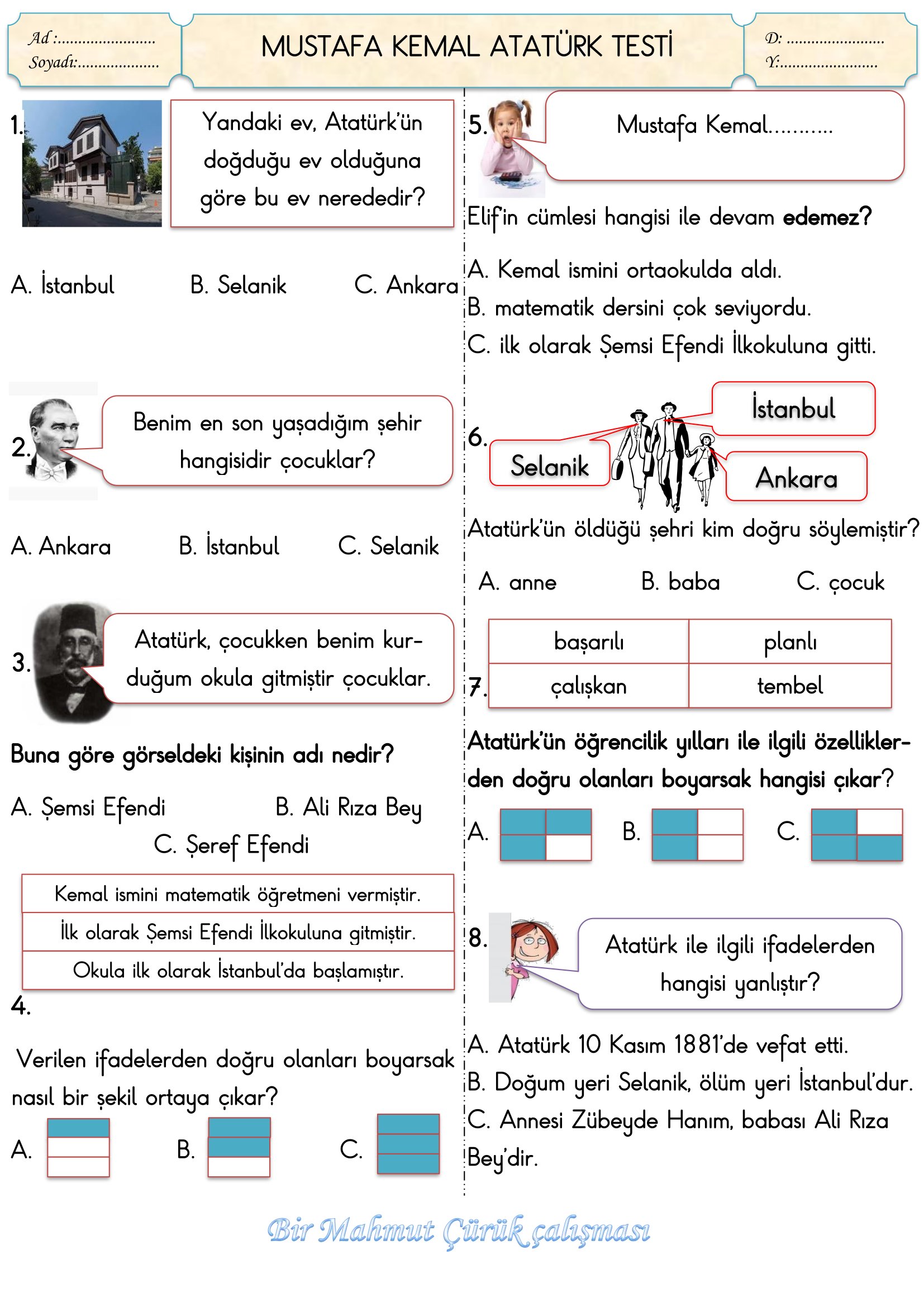 2. Sınıf Hayat Bilgisi Mustafa Kemal Nasıl Bir Öğrenciydi Testi
