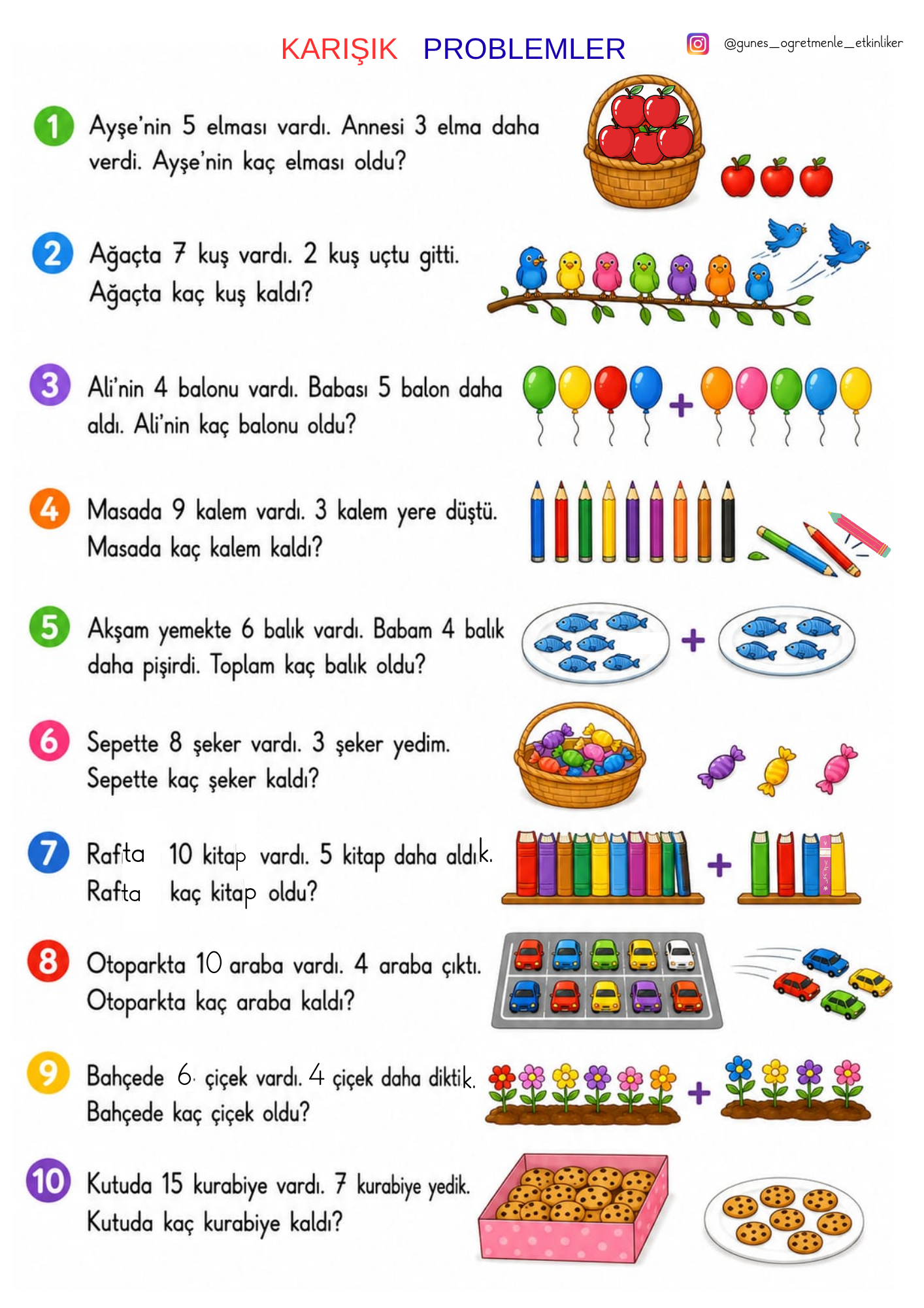 1. Sınıf Matematik Karışık Problemler Çalışması 2