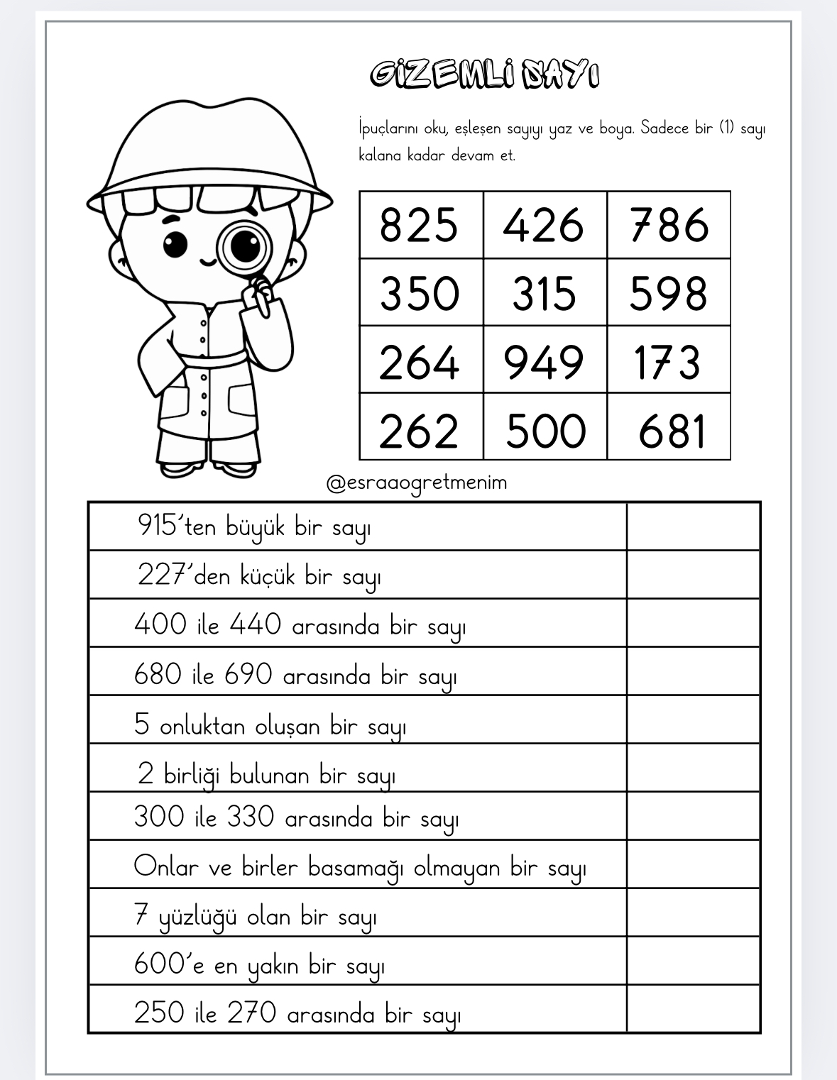 3. Sınıf Matematik 3 Basamaklı Sayılar Gizemli Sayı Çalışma Kağıdı