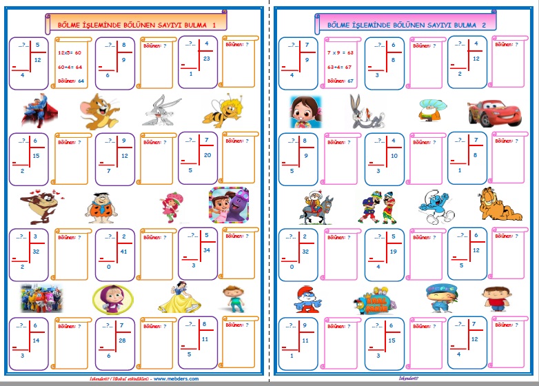3. Sınıf Matematik Bölme İşleminde Bölünen Sayıyı Bulma (2 Sayfa)