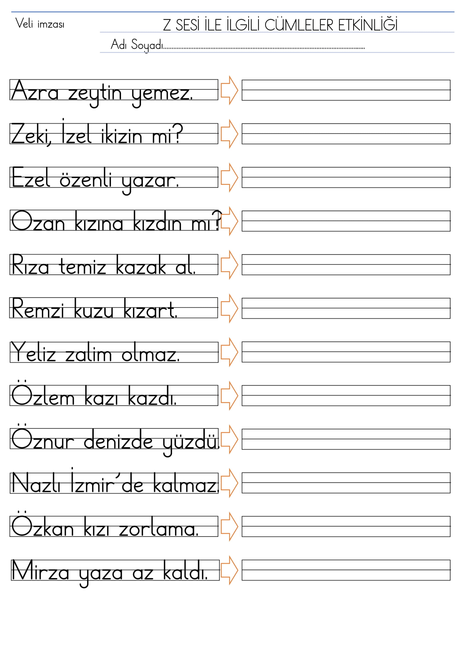 1. Sınıf İlk Okuma Yazma Z Sesi Cümleler Etkinliği