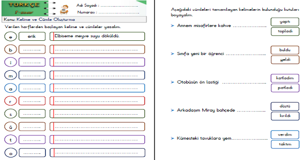 1. Sınıf Türkçe Kelime ve Cümle Oluşturma Etkinliği