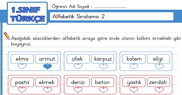 1. Sınıf Türkçe Alfabetik Sıralama Etkinliği 2