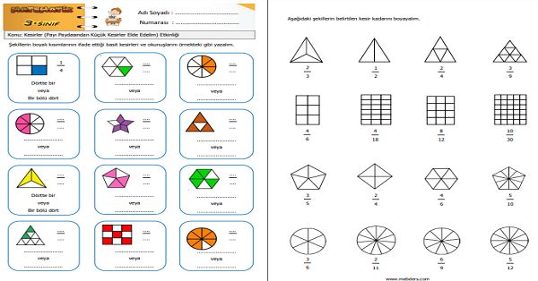 3. Sınıf Matematik Kesirler (Payı Paydasından Küçük Kesirler Elde Edelim) Etkinliği 2