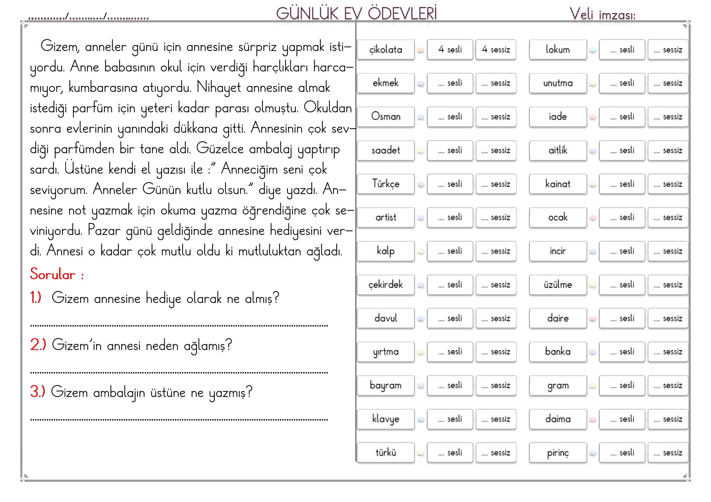1. Sınıf - 11 Mart 2026 Günlük Ev Ödevleri